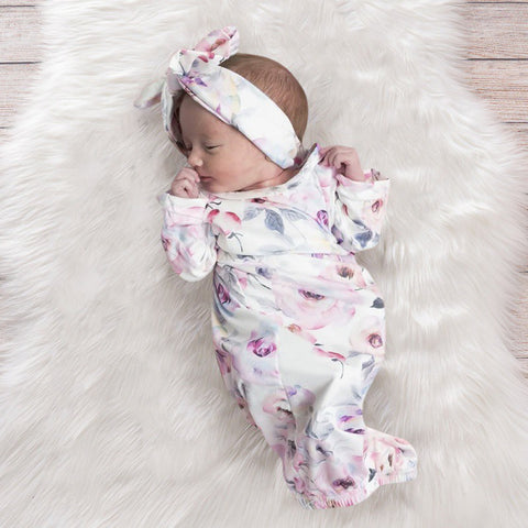 Newborn Baby Soft Floral Printing Blankets Swaddling Infant Sleeping Bag And Headband Set 2PCS lovely baby girls sleep clothes