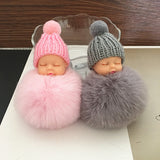 Sleeping Baby Doll Keychain Pompom Faux Rabbit Fur Ball Baby Toy Women Trinket Bag Charms