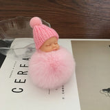 Sleeping Baby Doll Keychain Pompom Faux Rabbit Fur Ball Baby Toy Women Trinket Bag Charms