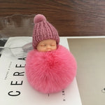 Sleeping Baby Doll Keychain Pompom Faux Rabbit Fur Ball Baby Toy Women Trinket Bag Charms