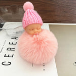 Sleeping Baby Doll Keychain Pompom Faux Rabbit Fur Ball Baby Toy Women Trinket Bag Charms