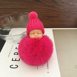 Sleeping Baby Doll Keychain Pompom Faux Rabbit Fur Ball Baby Toy Women Trinket Bag Charms