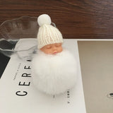 Sleeping Baby Doll Keychain Pompom Faux Rabbit Fur Ball Baby Toy Women Trinket Bag Charms