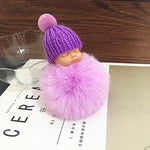 Sleeping Baby Doll Keychain Pompom Faux Rabbit Fur Ball Baby Toy Women Trinket Bag Charms